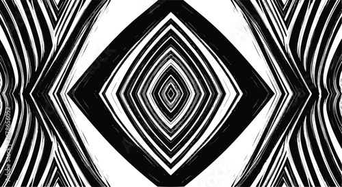 Symmetrical abstract artwork composed of black and white curved lines forming a diamond shape.