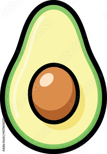 Vector vector art of a ripe avocado cut in half, revealing its pit and creamy flesh, transparent background