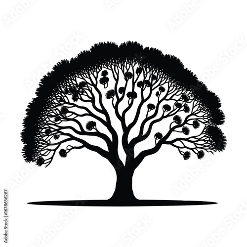 Majestic silhouette of a large fruit bearing tree against a white background