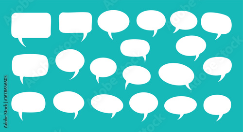 A collection of twenty-two white speech bubbles of varying shapes and sizes arranged on a teal background.