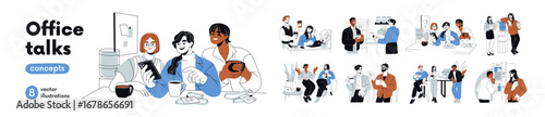 Coffee break time at office. Colleagues at informal meetings with cup, talking, relaxing. Team communication. Conversations with friends at work. Flat vector illustrations isolated on shite background