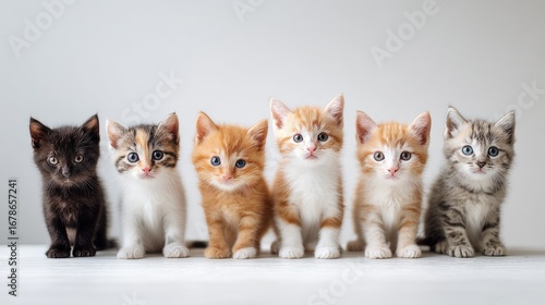 Five adorable kittens in a row, diverse colors and poses
