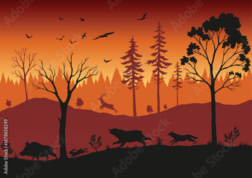 Forest fire. Burning spruces and oak trees, wood plants in flame. Forest fires in Amazon and Australia with silhouettes of wild animals