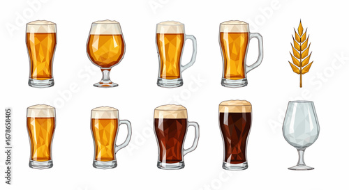 Various beer glasses and a barley sprig, showcasing different beer styles and glassware.