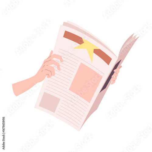 Cartoon newspaper in hand. Morning press and news journals folded and opened, business man hand with paper journal, daily news concept. Vector illustration