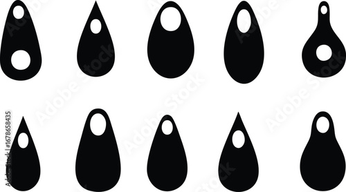 Diverse teardrop shapes with internal cutouts offer modern design elements and versatile graphic options.