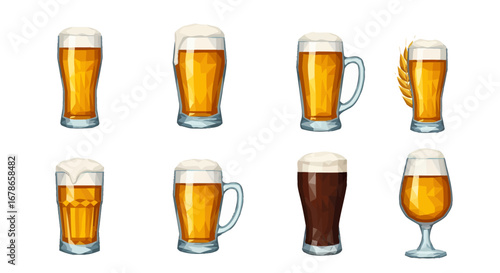 Various styles of beer glasses filled with golden ale and creamy foam, isolated.