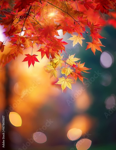 red and yellow maple leaves with soft focus light and bokeh background