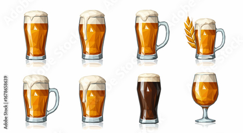Collection of various beer glasses filled with light and dark beers, showcasing different styles and frothy tops.