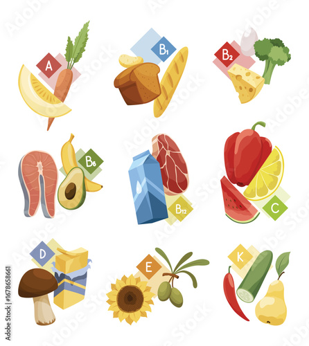 Main food macro and micronutrients. Fats, fiber or cellulose, carbs, proteins nutritious food. Nutrient complex diet of organic natural products, healthy vitamin groups A, B, C, D, E, K