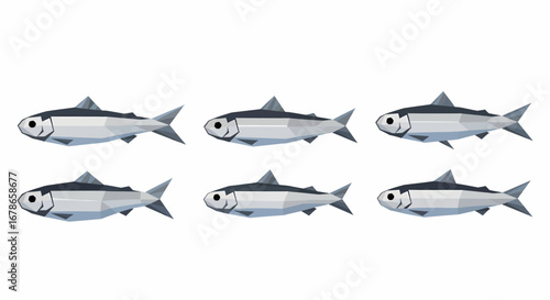 Six stylized silver herring fish swimming in a row, simple graphic design.