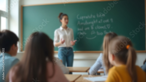 A blurry image from the back of an elementary school classroom shows students facing forward, while a teacher stands near a whiteboard teaching.