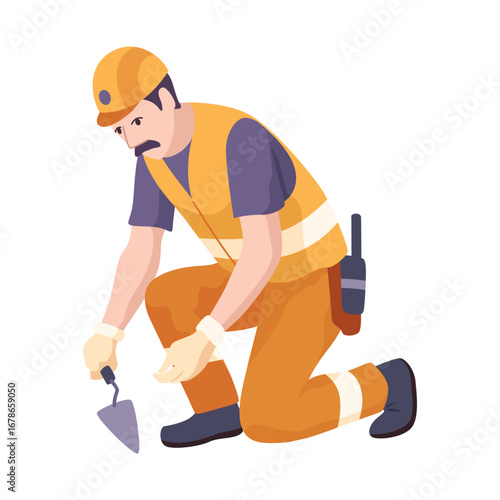 Skilled Construction Worker Laying Bricks at Building Site