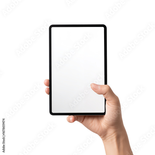 Hand holding a modern digital tablet with a blank screen, ready for content