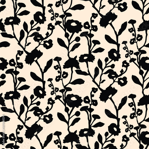 abstract flower texture print pattern. black flowers with beige background