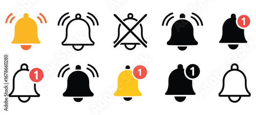 Collection of bell icons representing notifications alerts and silent modes in various styles