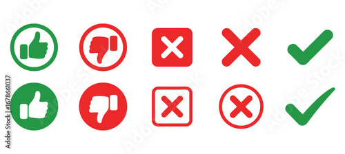 Set of green checkmarks and red crosses for approval and rejection symbols