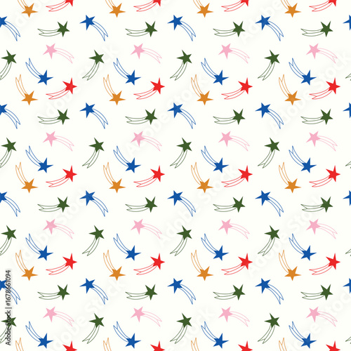 A vibrant and bright color-filled texture print pattern, featuring stars of various