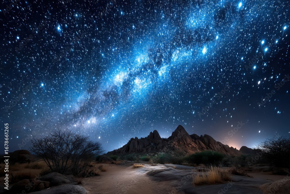 Fototapeta premium Starry night sky over a desert landscape with rocky mountains and sparse vegetation