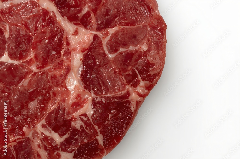 Obraz premium Raw beef steak, close-up, white background, studio shot, food recipe