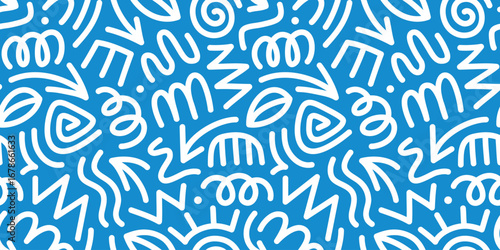 Blue and white line doodle pattern. Collection of creative abstract art backgrounds for children or festive celebration designs. Simple childish doodle wallpaper print texture bundle.