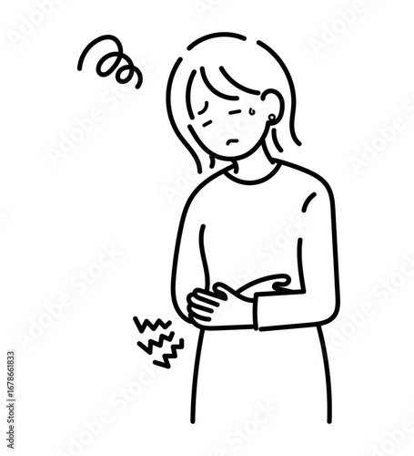 生理痛で体調不良の女性のイラスト　線画のみ