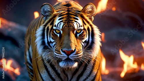 Wallpaper Mural Powerful tiger walking forward in natural habitat with fire in background highlighting strength and wilderness Torontodigital.ca