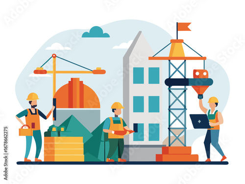 Construction site scene with workers cranes and building progress people building structure