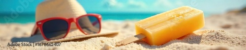 A vibrant summer scene featuring a refreshing popsicle melting in the sun next to a sun hat and sunglasses on a sandy beach , sunglasses, escape, popsicle