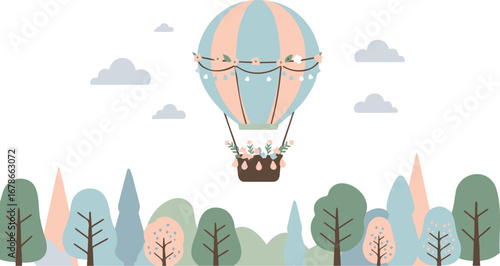 Whimsical hot air balloon floats over stylized trees and clouds in soft pastel colors