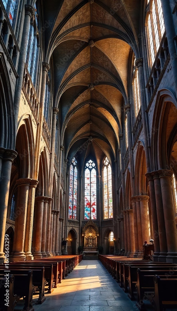 Fototapeta premium Awe-inspiring Gothic cathedral, intricate stonework, soaring arches, stained glass windows illuminate the sacred space Perfect for religious, historical, architectural projects , holy, god