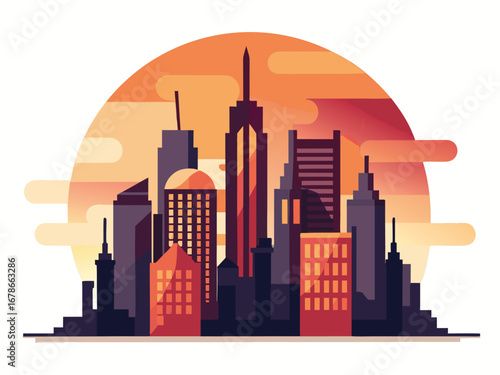 Vibrant city skyline at sunset with warm orange hues and modern architecture