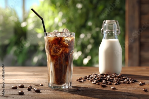 Iced coffee in glass, milk bottle, coffee beans on a wooden table, blurred greenery in background