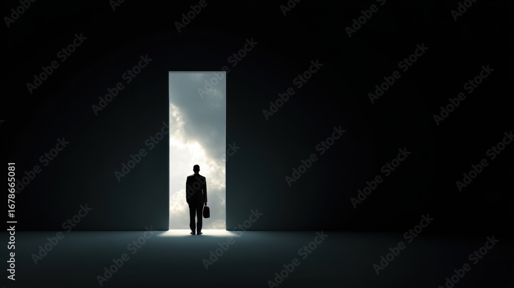 Obraz premium Silhouette of businessman holding briefcase walking towards open door in dark room to bright cloudy sky, concept of future, hope, new opportunities, success