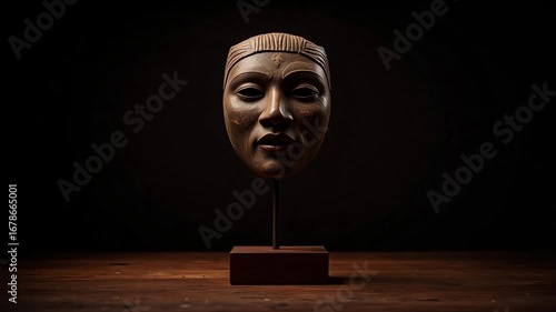 Mysterious ancient mask displayed on a dark background, evoking history and culture