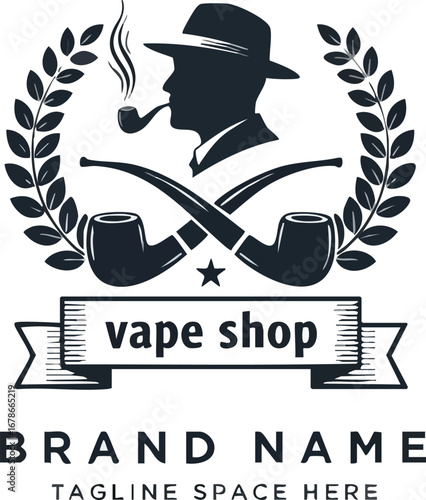 Vintage gentleman silhouette smoking pipe creating classic vape shop logo design