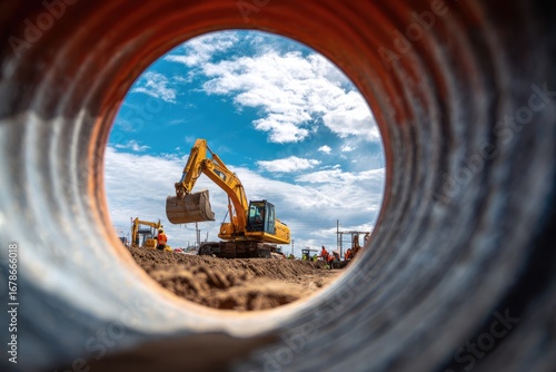 Excavator viewed through a large pipe, construction site