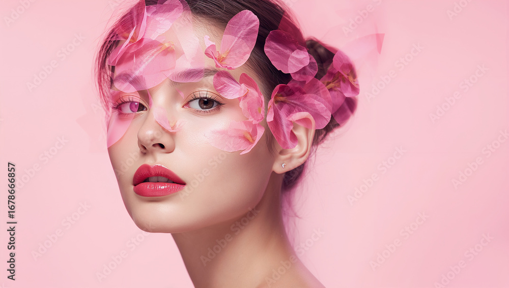 Obraz premium captivating portrait of a woman, enhanced with flower petals and elegant makeup, radiates beauty and charm.
