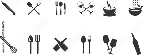 Comprehensive Kitchen Utensil Silhouette Vector Set Featuring Pots, Pans, Spoons, and Cooking Tools