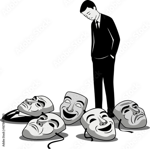 A person and the masks of social roles that have been removed. A metaphor for the burden of responsibility and the search for one's true self. The weight of having to play different roles in society.