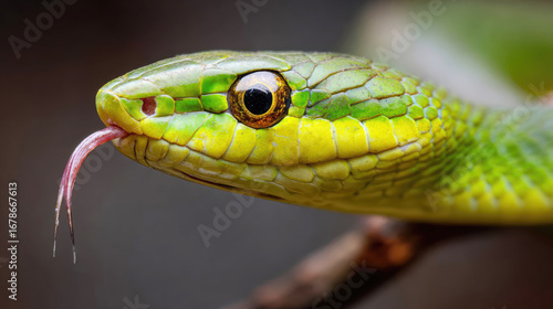 Vivid green snake curling on a branch with tongue flicking in the rainforest