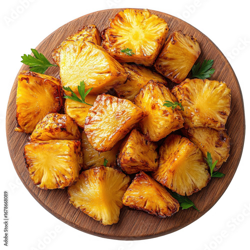 Grilled pineapple chunks on a wooden board garnished with parsley delicious tropical treat