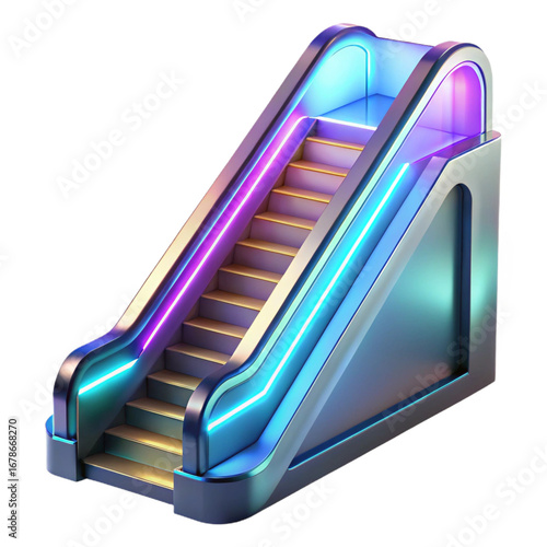 A futuristic escalator with neon lights isolated on transparent background, modern style