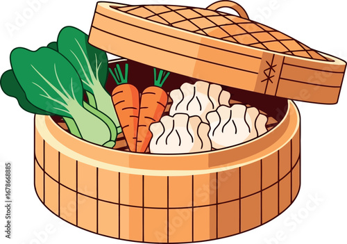Steamed dumplings and fresh vegetables in bamboo steamer healthy asian cuisine vector
