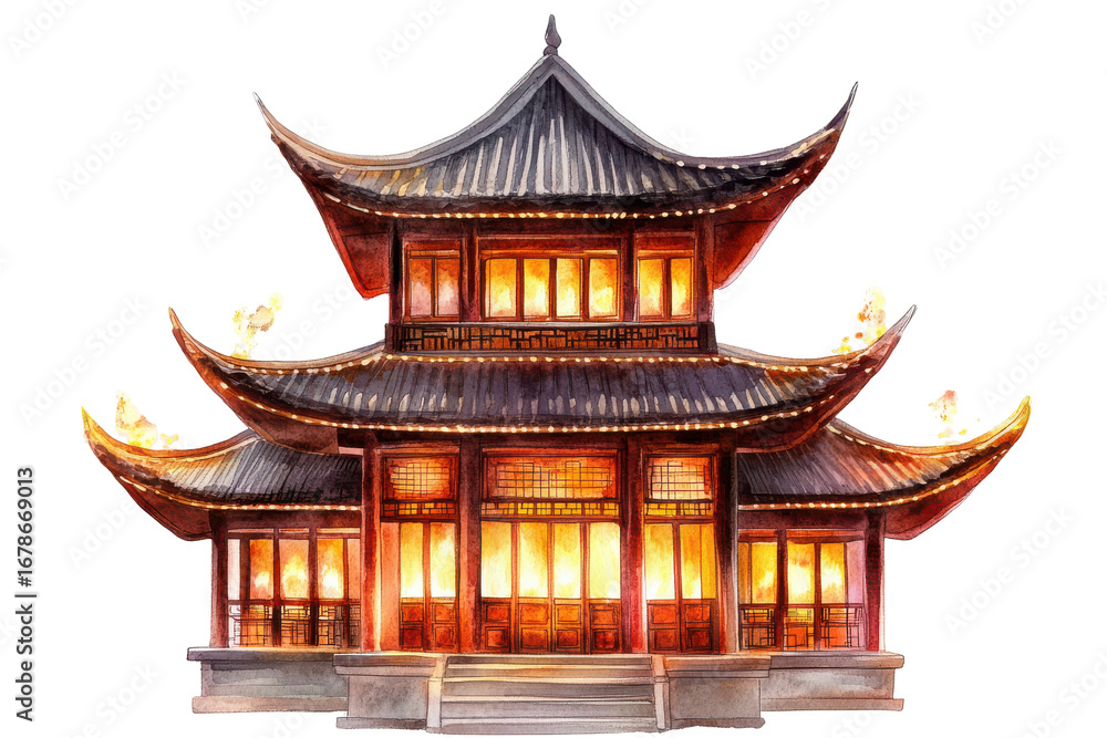 Fototapeta premium Traditional chinese pagoda architecture illuminated at night isolated on transparent background. Watercolor traditional asian pagoda with windows and intricate roof isolated on white background.