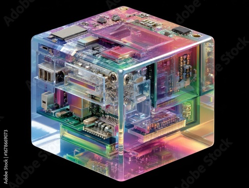 Transparent cube, intricate computer components