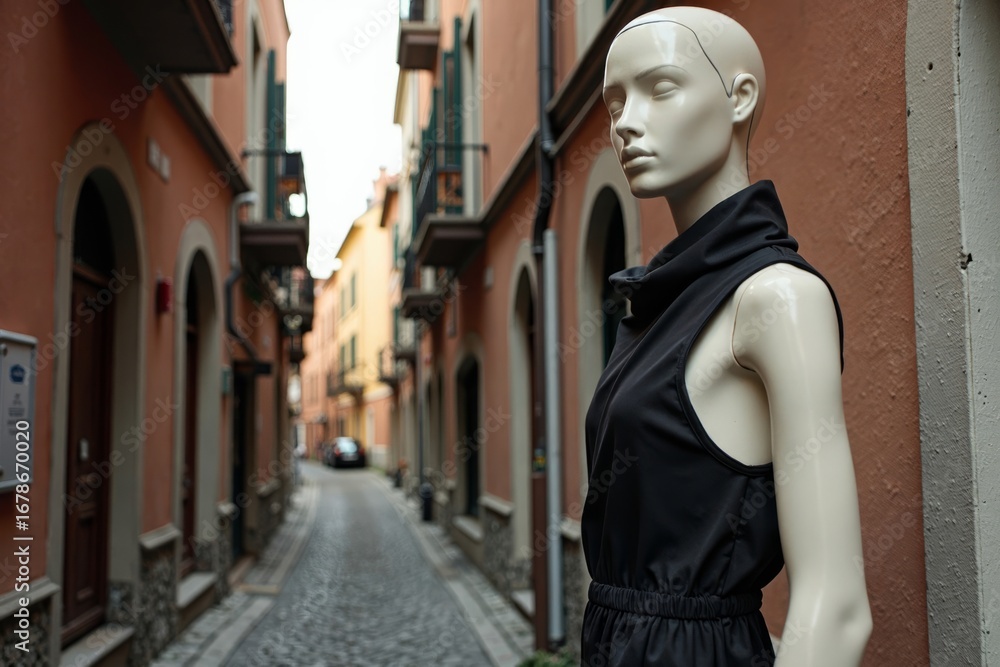 Fototapeta premium Mannequin adorned in chic attire poses in a weathered urban alley.