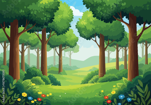 Cartoon Forest with Green Trees and Colorful Flowers