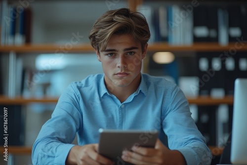serious young man sitting in a modern office in a blue shirt at his desk, using a tablet, reflecting concentration and commitment to his work or research, Generative AI
