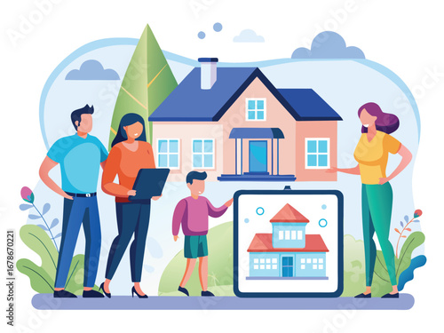 Family browsing real estate properties online using laptop and tablet